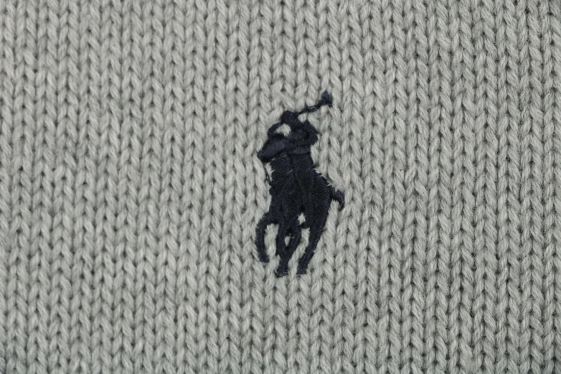Ralph Lauren Pony Logo Ribbed Mock Neck Half-Zip Cotton Sweater Grey Brand