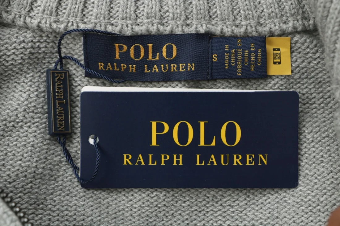 Ralph Lauren Pony Logo Ribbed Mock Neck Half-Zip Cotton Sweater Grey Brand label