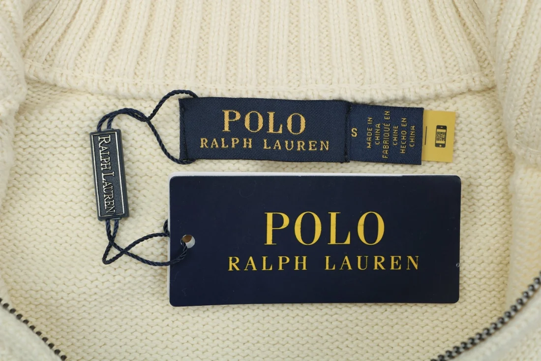 Ralph Lauren Pony Logo Ribbed Mock Neck Half-Zip Cotton Sweater Beige Brand label