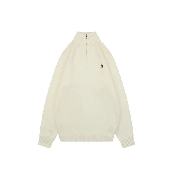 Ralph Lauren Pony Logo Ribbed Mock Neck Half-Zip Cotton Sweater Beige Front view