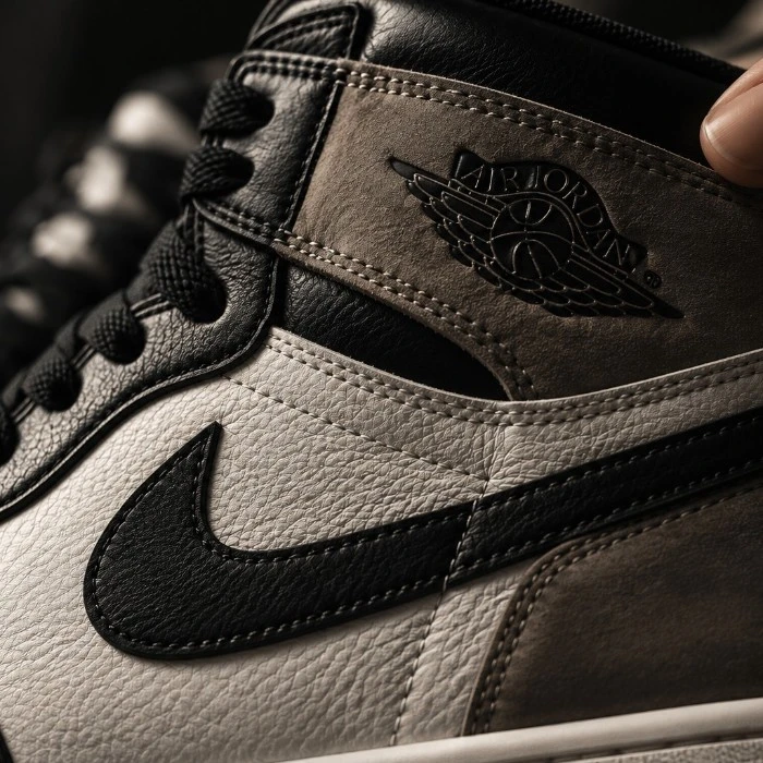 Close-up of a sneaker showing textured leather and stitching