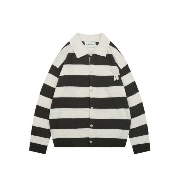 AMI Paris Ami de Coeur Striped Knit Polo Cardigan