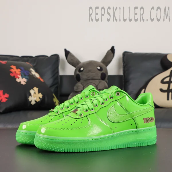 Nike Air Force 1 Low LX Icon pair featuring glossy neon green leather uppers, tonal Nike Swoosh logos, silver-tone metal eyelets, and matching Air Force 1 cupsoles.