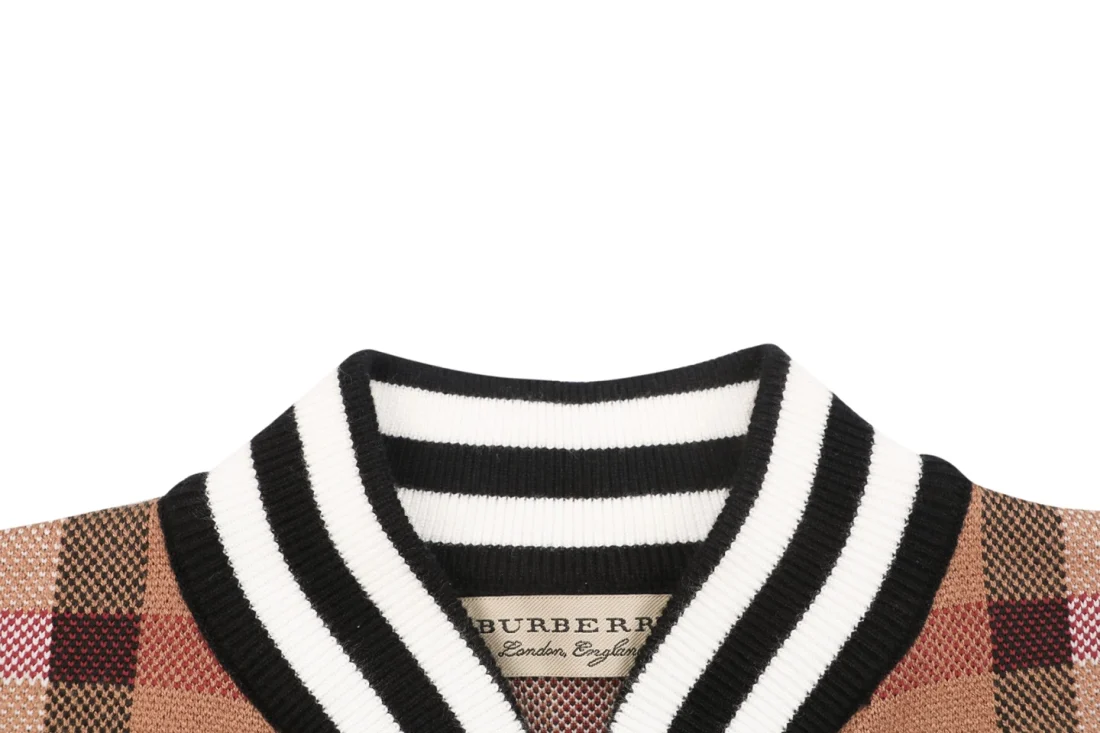 Burberry Check Full-Zip Knit Jacket Brown Collar