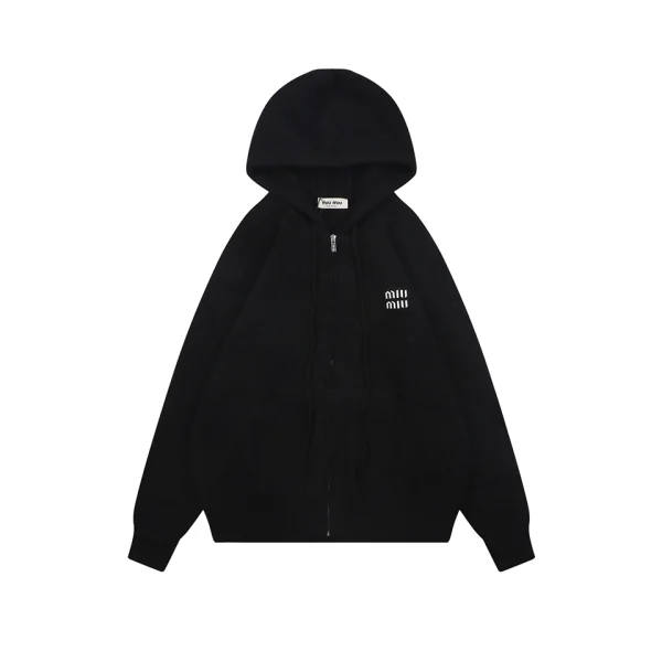 Miu Miu Double Logo Patch Full-Zip Knit Hoodie Black Front view