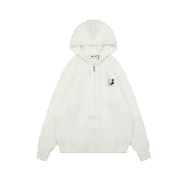 Miu Miu Double Logo Patch Full-Zip Knit Hoodie White Front view
