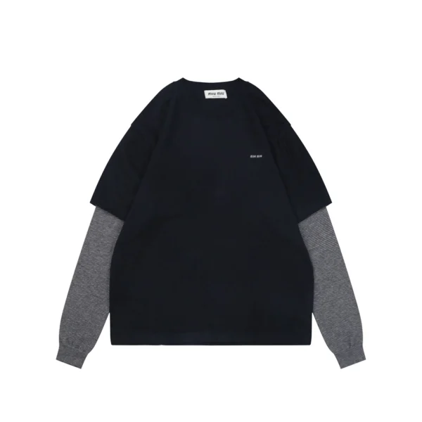 Miu Miu Layered Striped Sleeve Logo Wool Cashmere Crewneck Sweater Front view