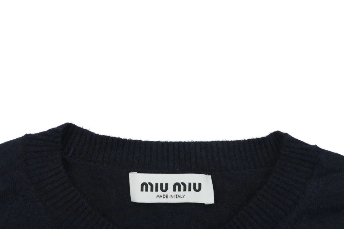 Miu Miu Layered Striped Sleeve Logo Wool Cashmere Crewneck Sweater Collar