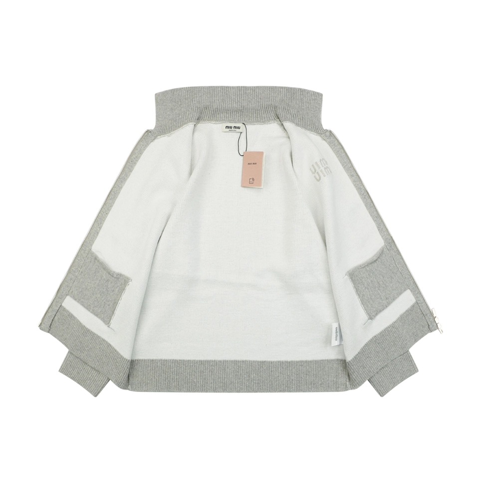MiuM Logo Wool Zip-Up Knit ‘Oatmeal Grey’ Jacket