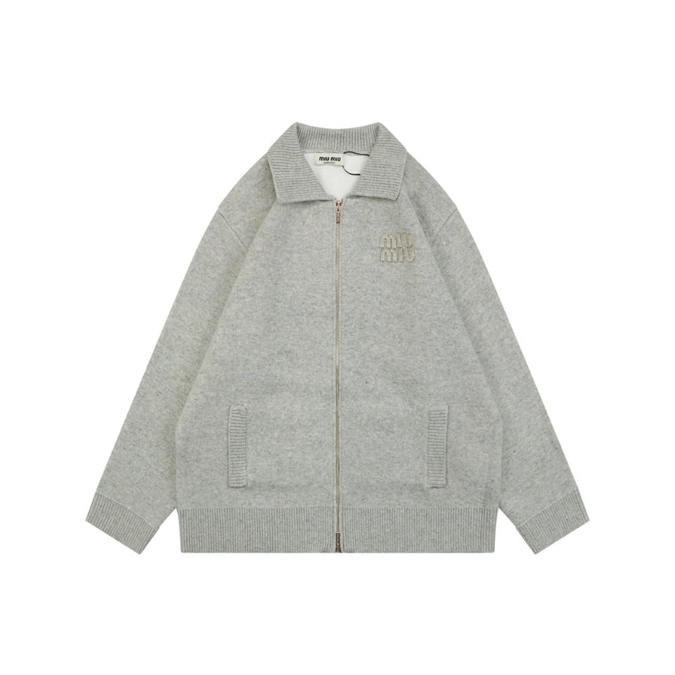MiuM Logo Wool Zip-Up Knit ‘Oatmeal Grey’ Jacket