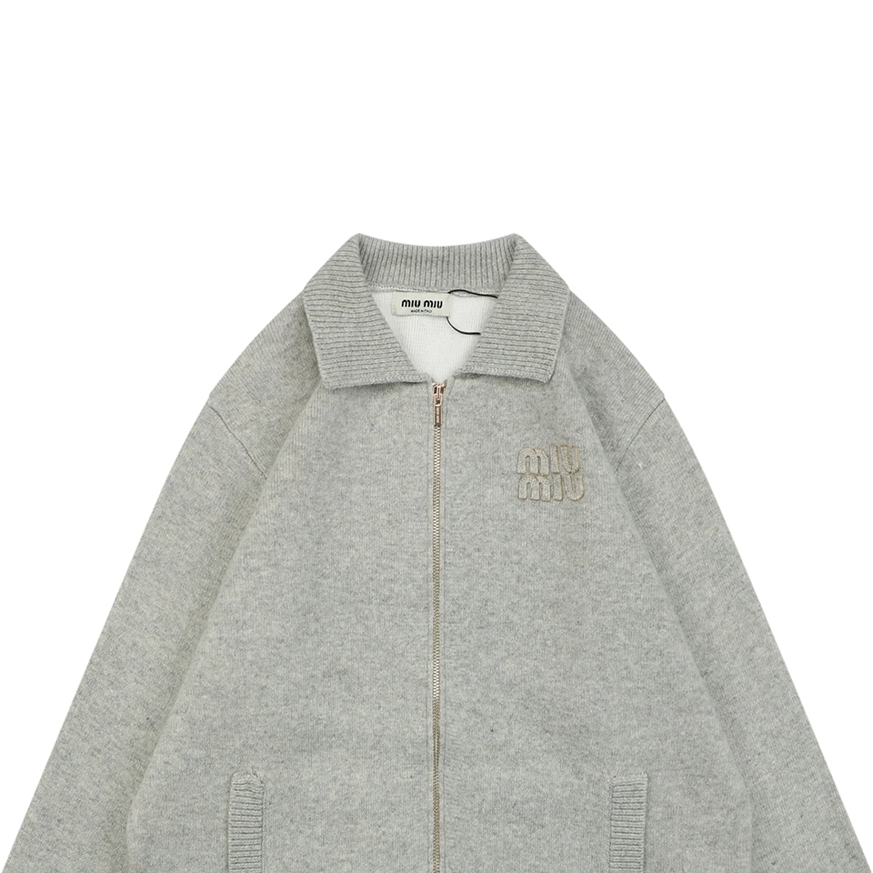 MiuM Logo Wool Zip-Up Knit ‘Oatmeal Grey’ Jacket
