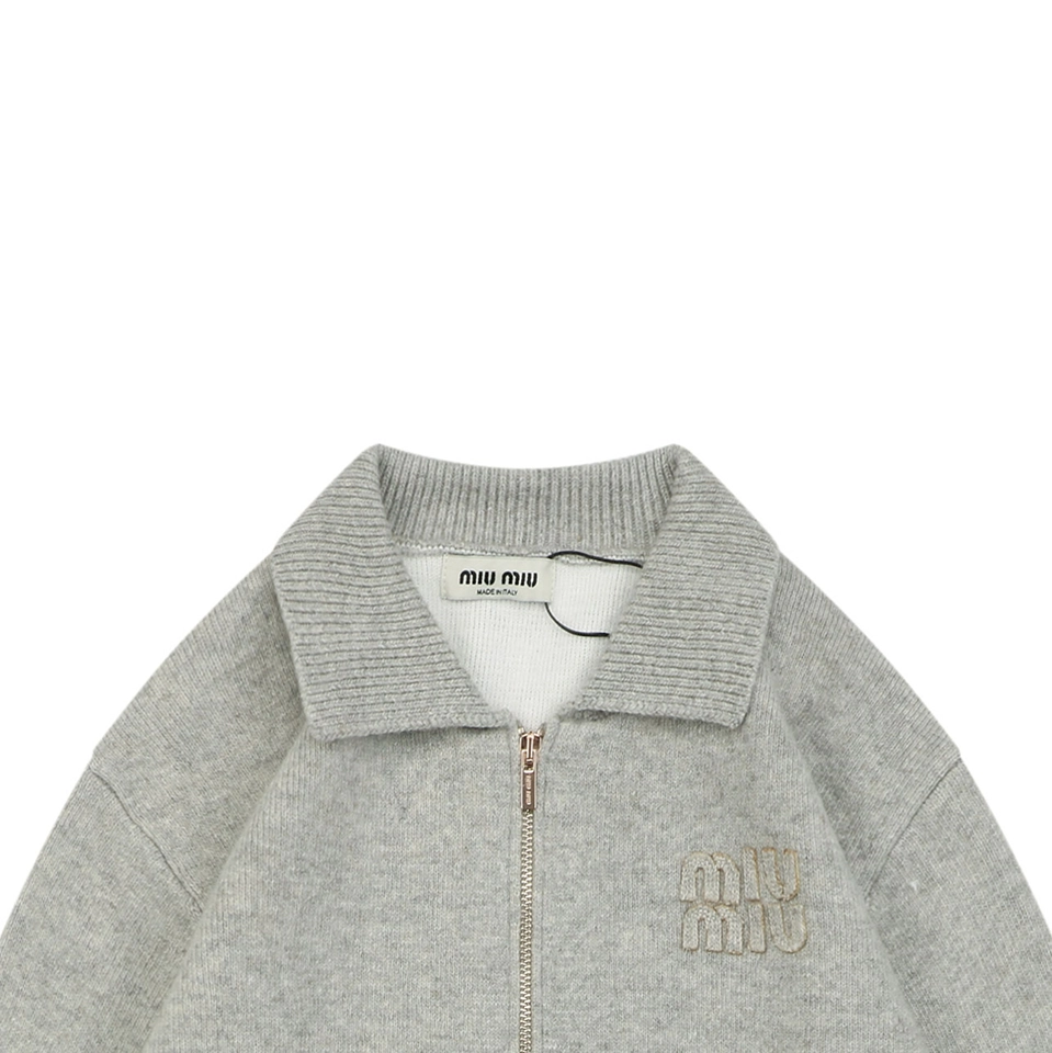 MiuM Logo Wool Zip-Up Knit ‘Oatmeal Grey’ Jacket