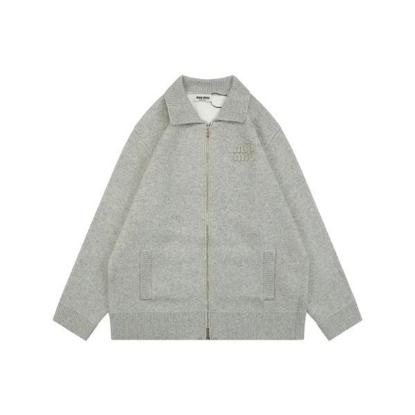 Miu Miu Logo Wool Zip-Up Knit ‘Oatmeal Grey’ Jacket Front view