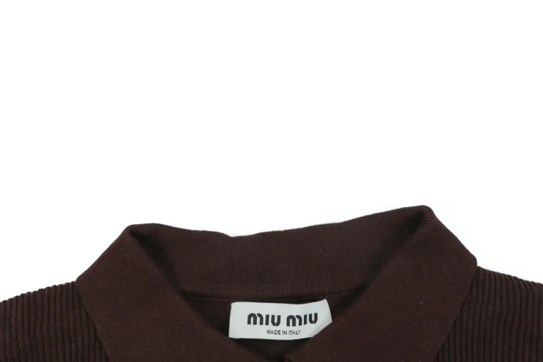 Miu Miu Ribbed Knit Logo Polo Sweater Collar