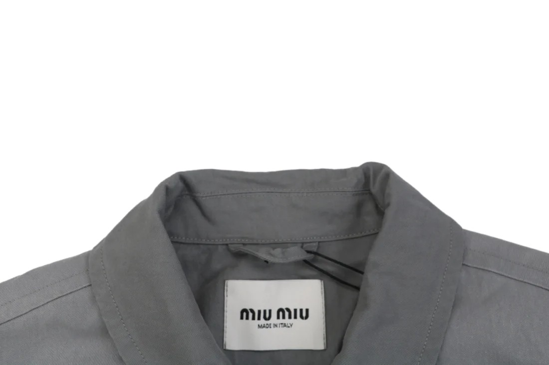Miu Miu Washed Grey Embroidered Logo Zip-Up Jacket Collar
