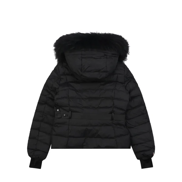 Moncler Beverley Black Detachable Fur Trim Hooded Belted Down Jacket Back view
