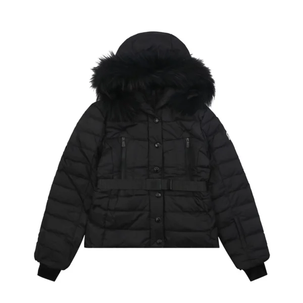 Moncler Beverley Black Detachable Fur Trim Hooded Belted Down Jacket Front view