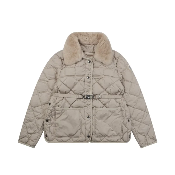 Moncler Cygne Detachable Faux Fur Collar Belted Quilted Down Jacket Khaki Front view