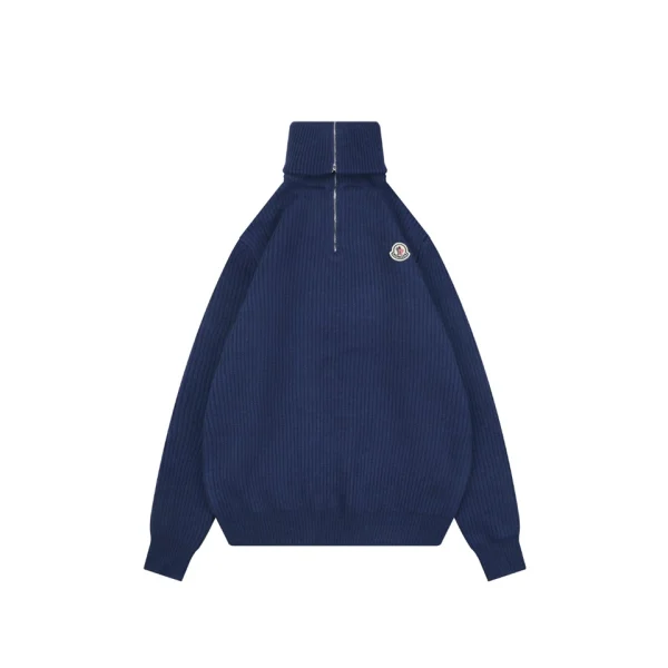 Mxxcler Logo Patch Ribbed Knit High Neck Half-Zip Sweater Navy