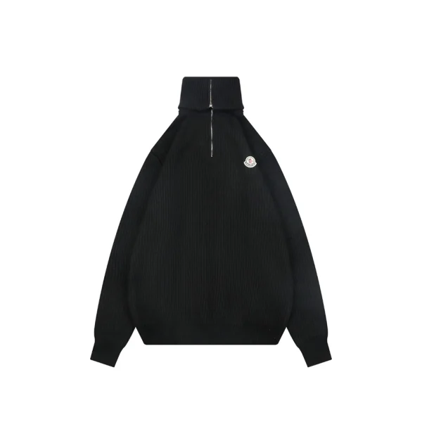 Moncler Logo Patch Ribbed Knit High Neck Half-Zip Sweater Black Front view