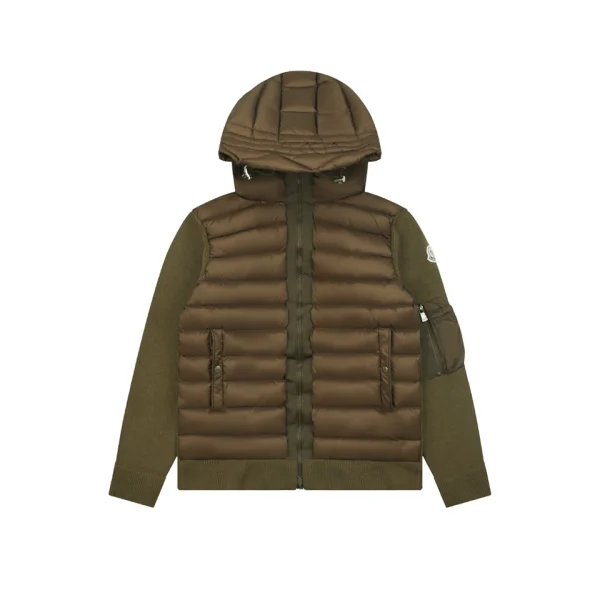 Moncler Quilted Down Knit Sleeve Hooded Jacket Green Front view