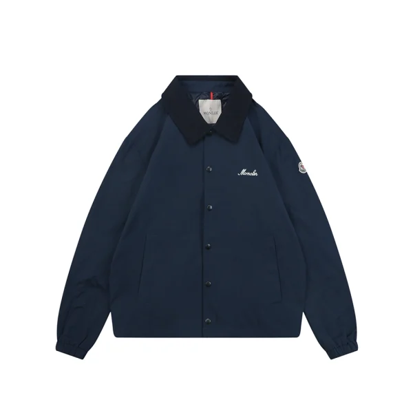 Moncler Signature Embroidered Logo Navy Blue Cotton Blend Coach Jacket Front view