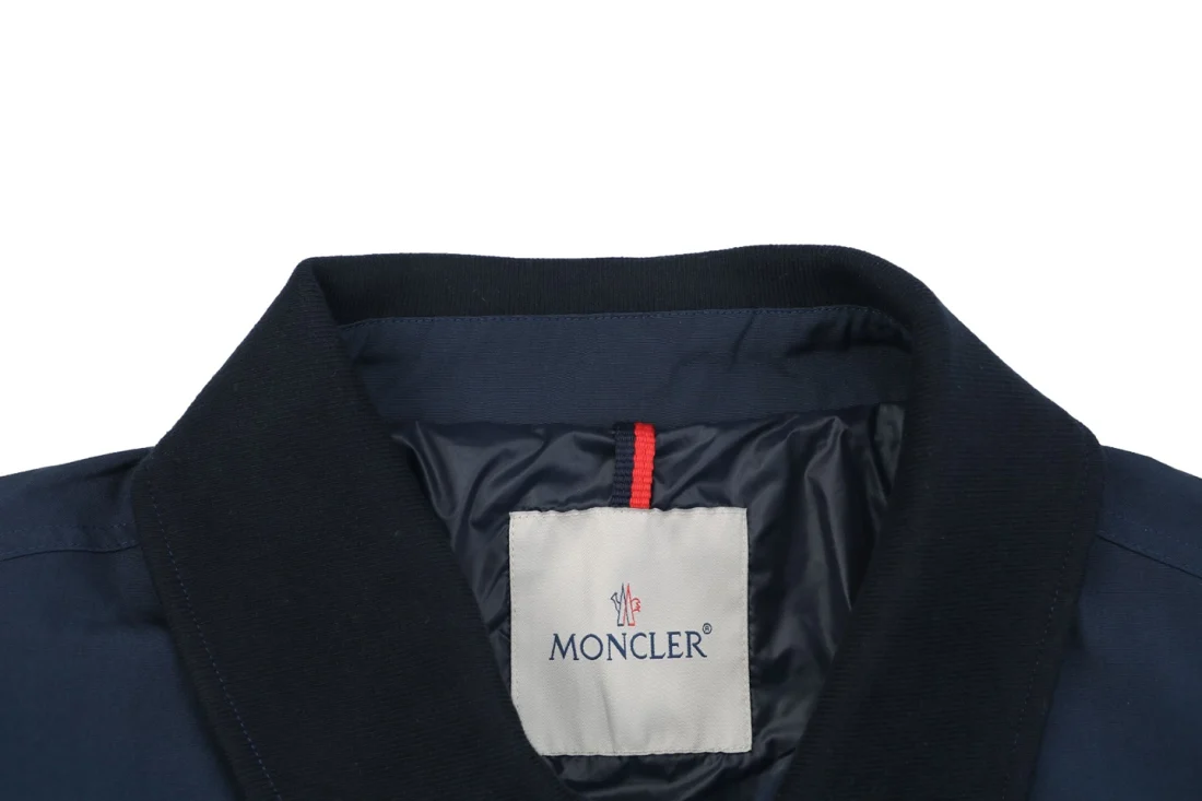 Moncler Signature Embroidered Logo Navy Blue Cotton Blend Coach Jacket Collar