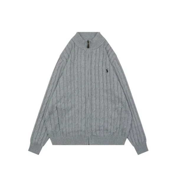 Ralph Lauren Pony Cable-Knit Full-Zip Sweater Grey Front view