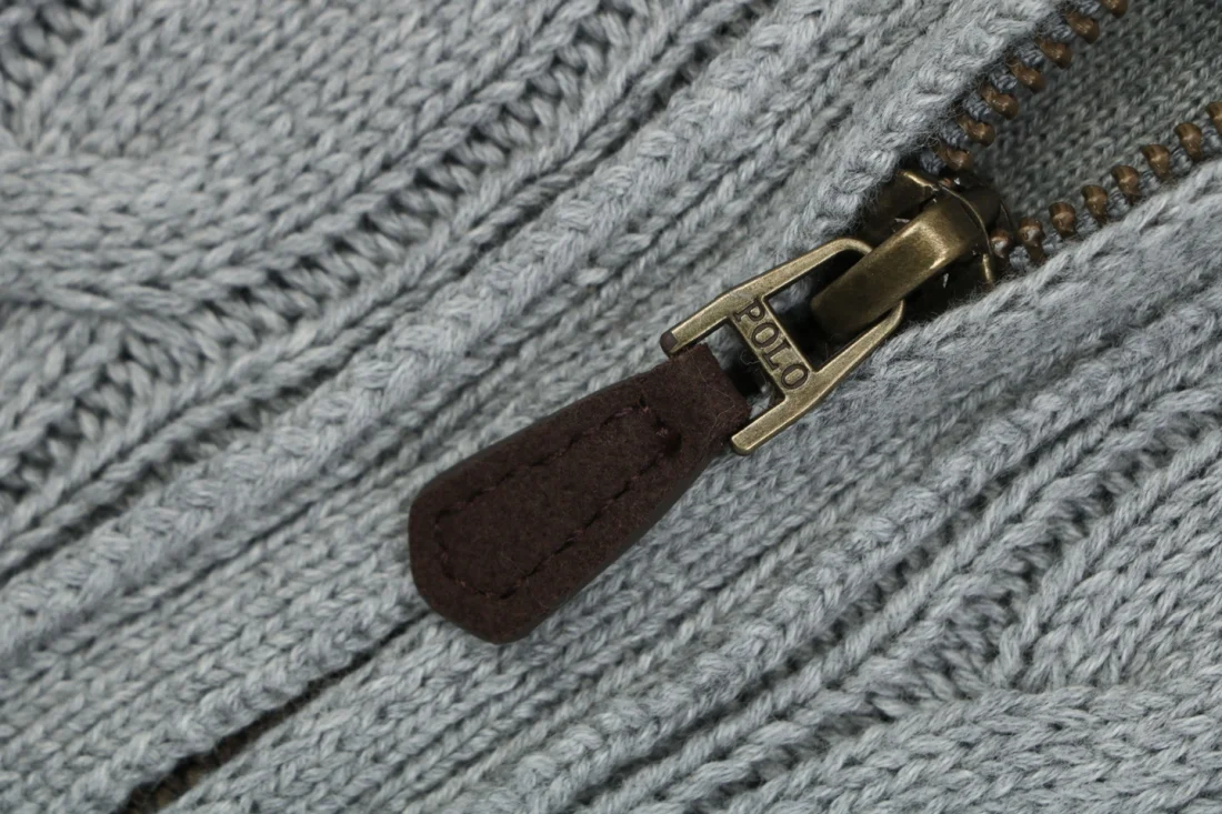 Ralph Lauren Pony Cable-Knit Full-Zip Sweater Grey Zipper puller
