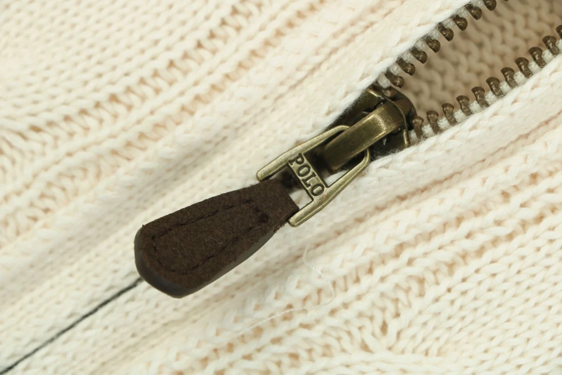 Ralph Lauren Pony Cable-Knit Full-Zip Sweater Beige Zipper puller